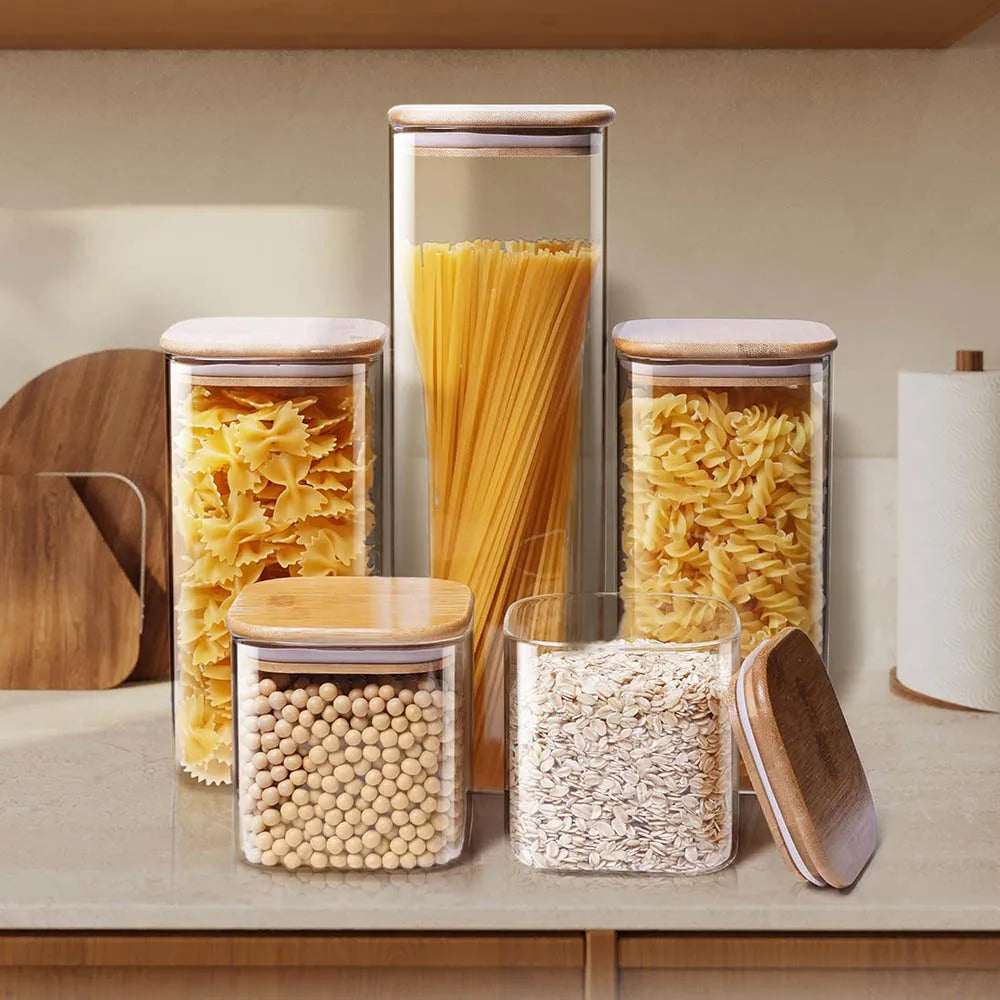Sunday Pantry Jar, Square Glass Storage with Bamboo Lid