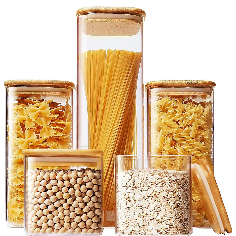 Sunday Pantry Jar, Square Glass Storage with Bamboo Lid