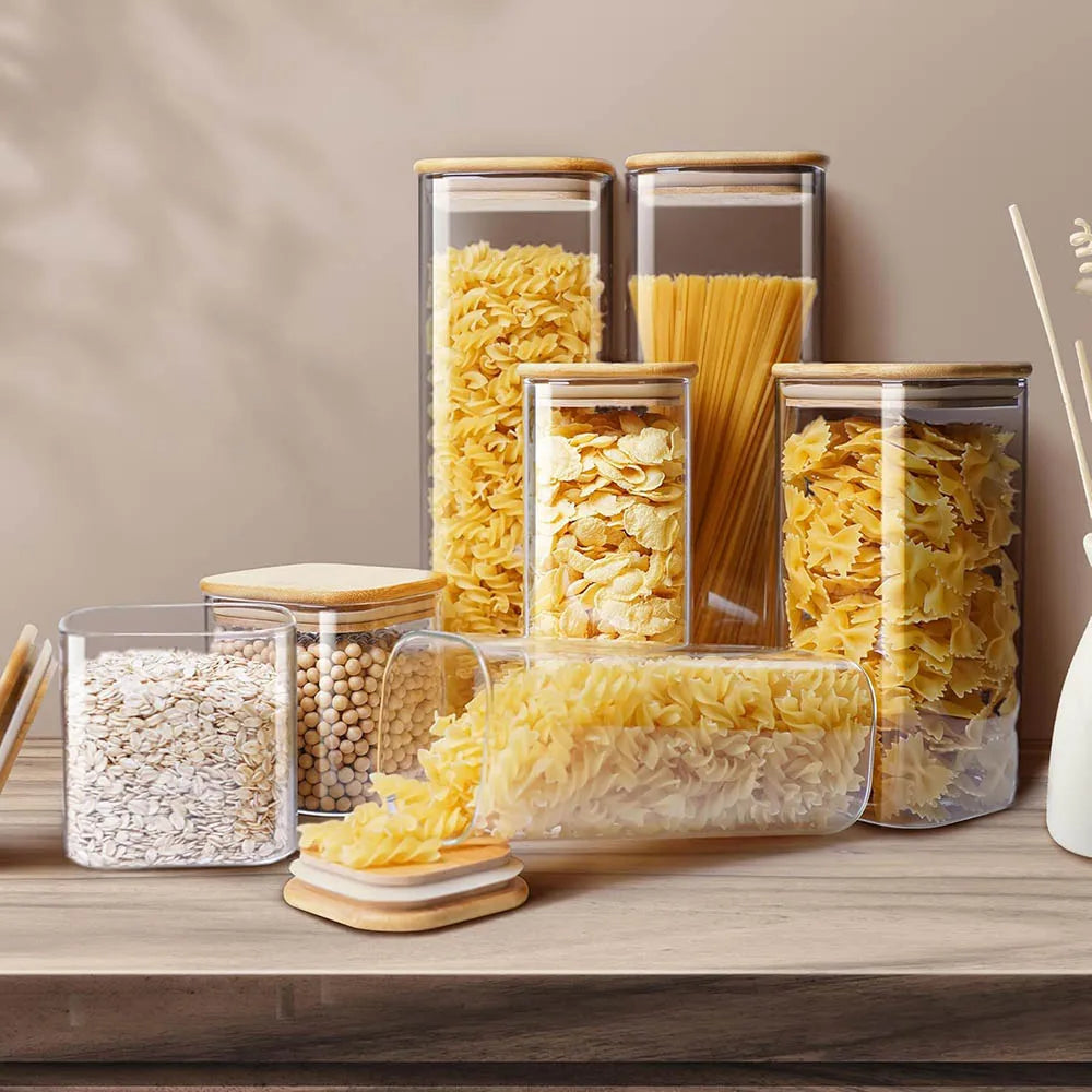 Sunday Pantry Jar, Square Glass Storage with Bamboo Lid